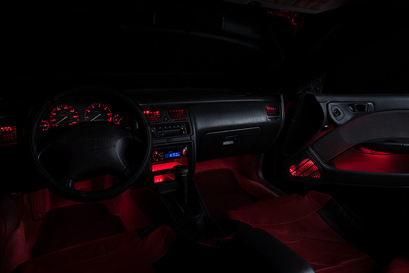 Interior shot of my 1996 Subaru Outback with all custom lighting.